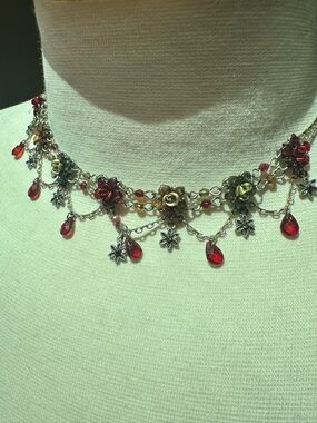 Boho Floral Charm Necklace Red Crystal Dangle Fairycore Vintage Style Adjustable